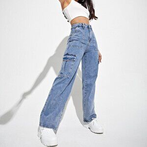 Light Wash Casual Womens High Waist Flap Pocket Side Cargo Jeans